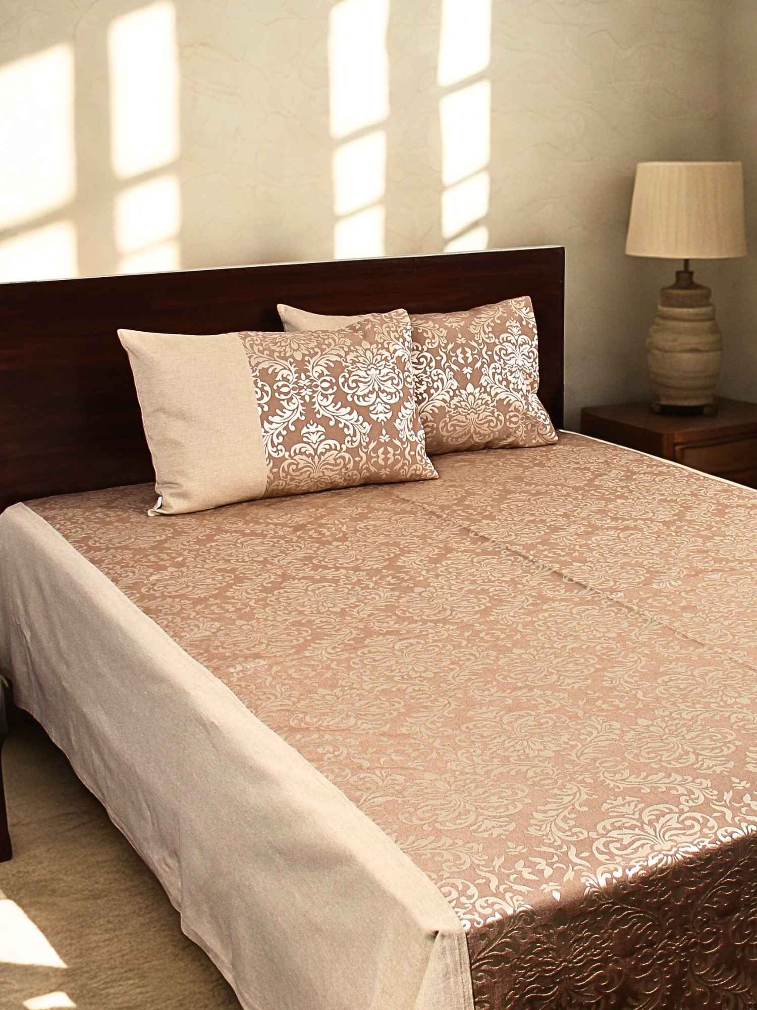 Brown Self Design Damask Bedcover With 2 Pillow Covers