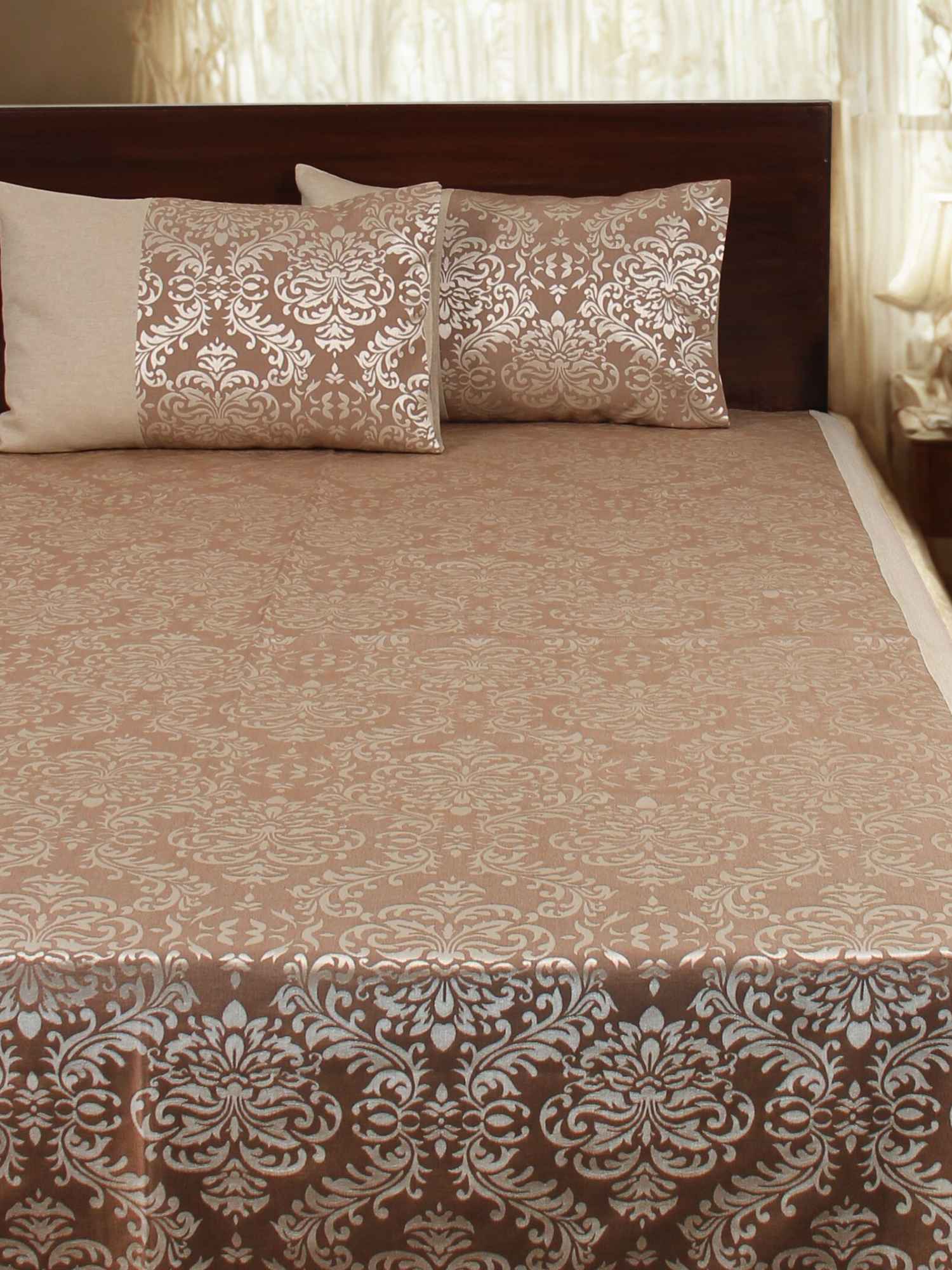 Brown Self Design Damask Bedcover With 2 Pillow Covers
