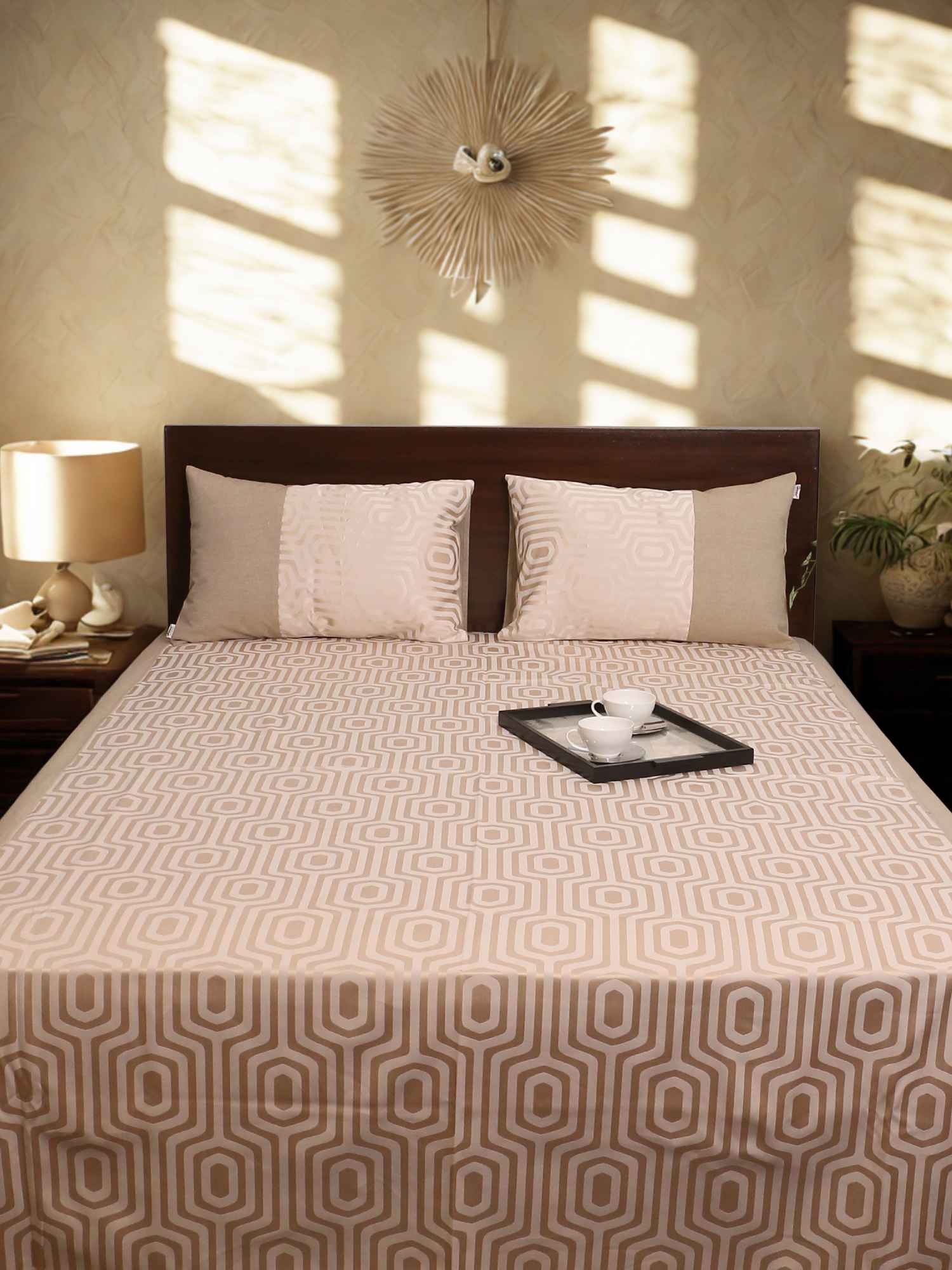 Cream Hexa Jacquard Bed Cover Set with Matching Pillow Covers