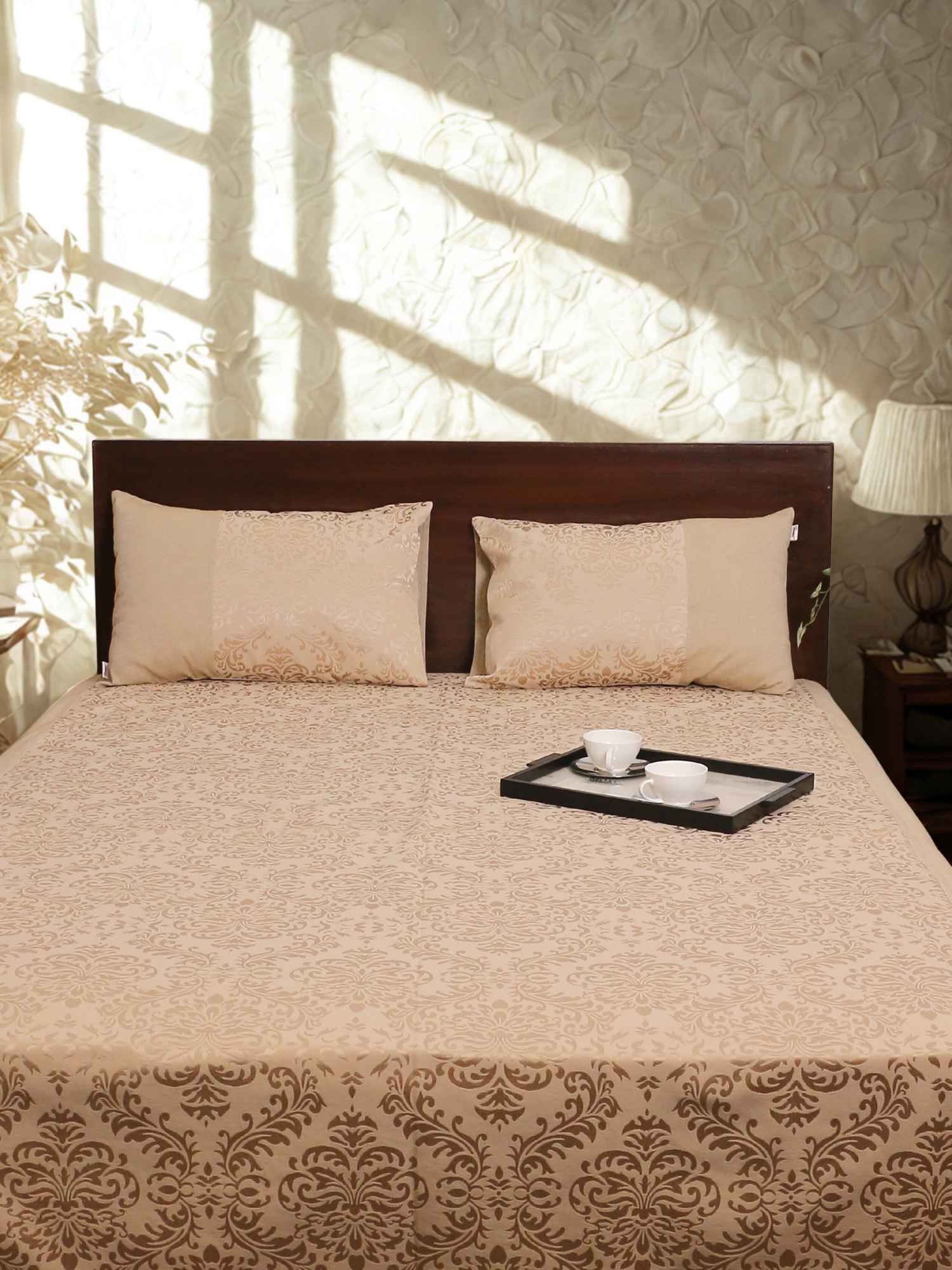 Golden Self Design Damask Bedcover With 2 Pillow Covers