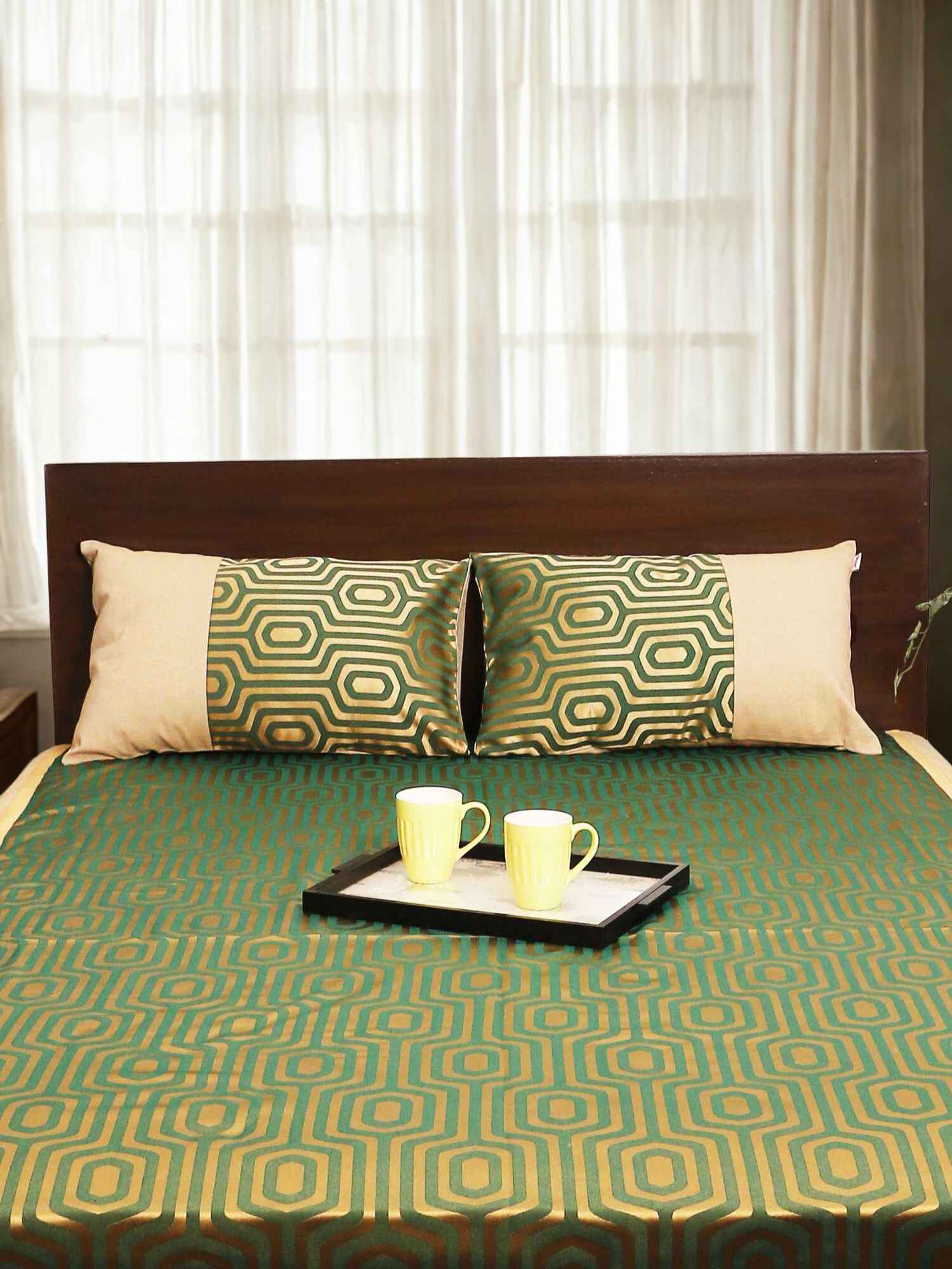 Green Hexa Jacquard Bed Cover Set with Matching Pillow Covers