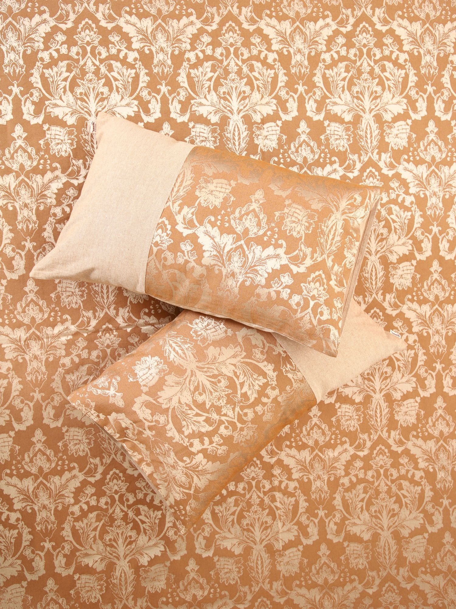 Brown Fiore Jacquard Double Bed Cover Set with Matching Pillow Covers