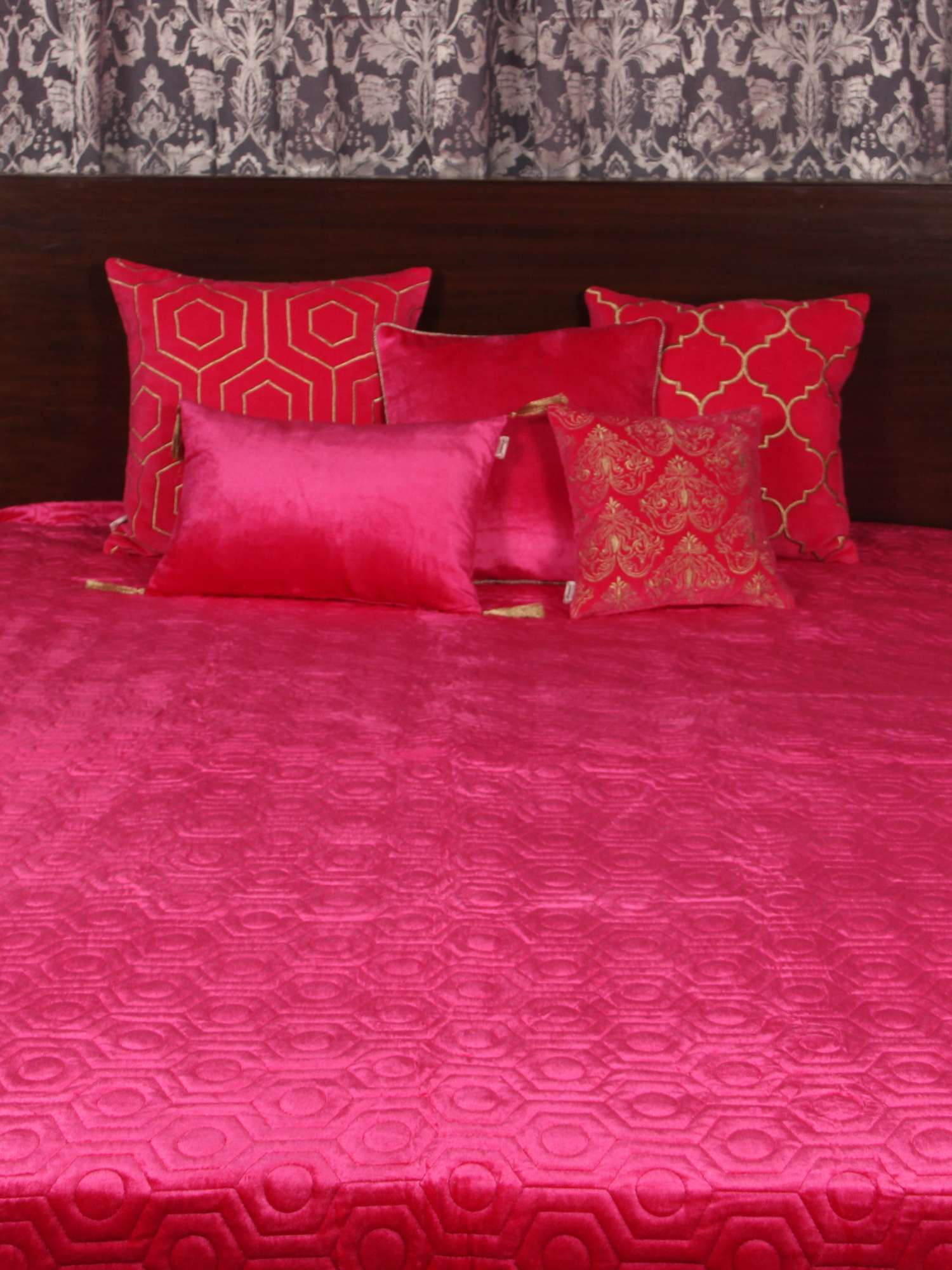 Fuchsia Pink Embroidered Quilt - Hexagonal Design