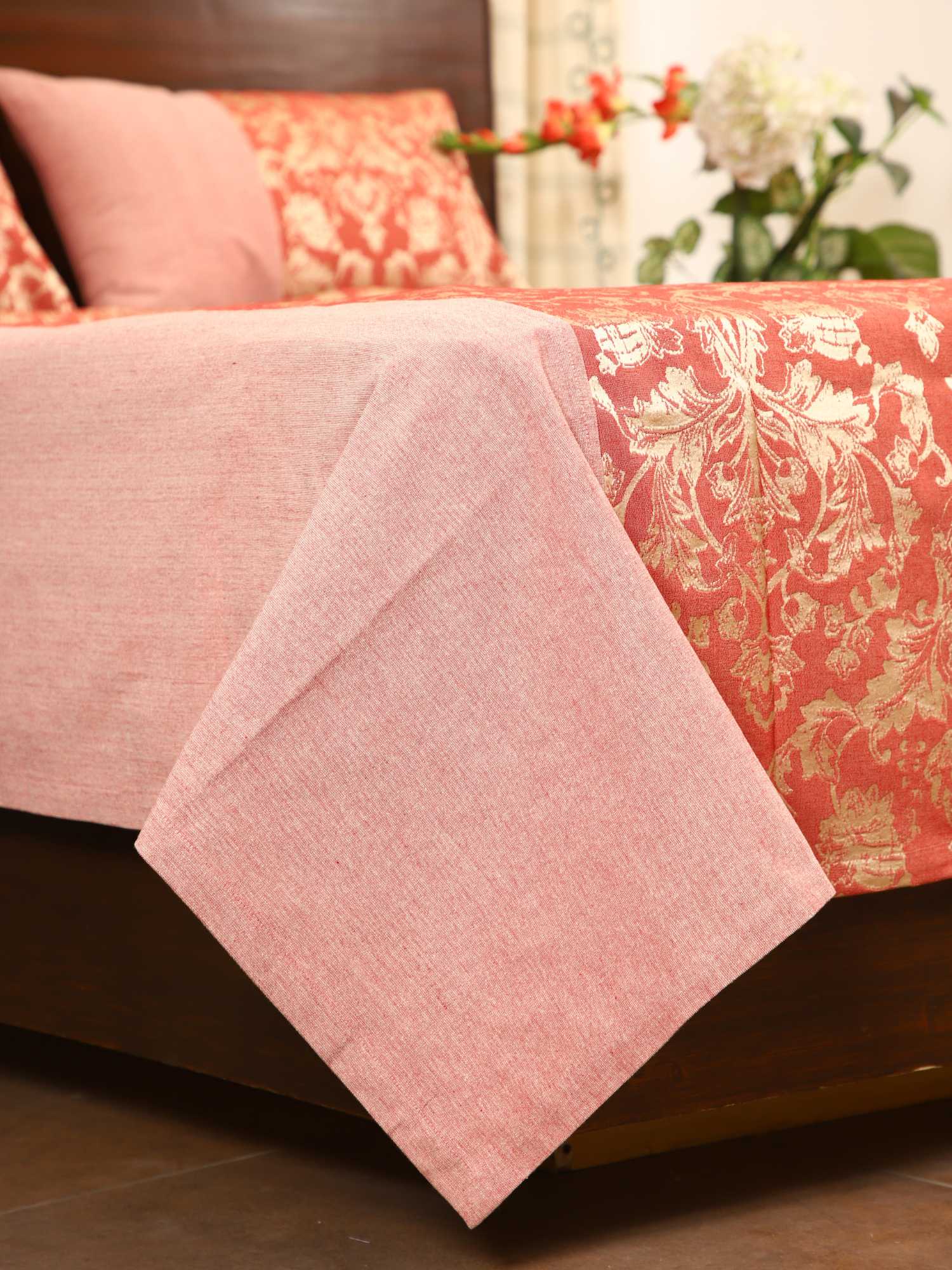 Red Fiore Jacquard Double Bed Cover Set with Matching Pillow Covers