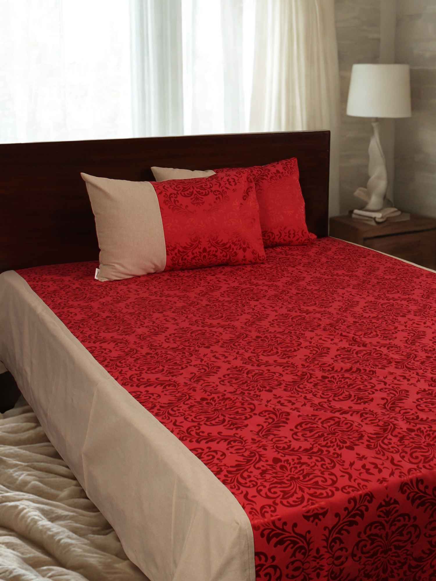 Red Self Design Damask Bedcover With 2 Pillow Covers