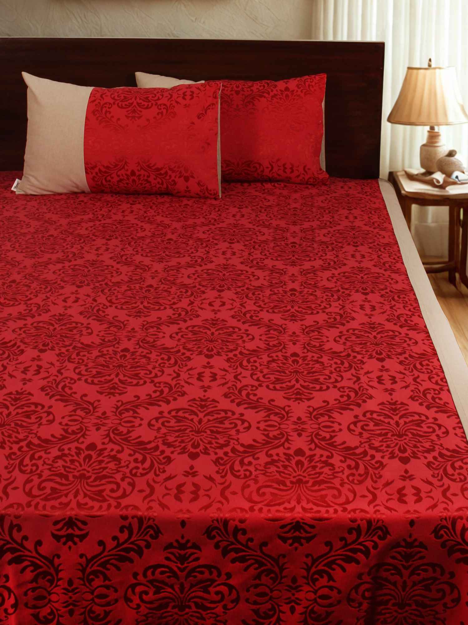 Red Self Design Damask Bedcover With 2 Pillow Covers