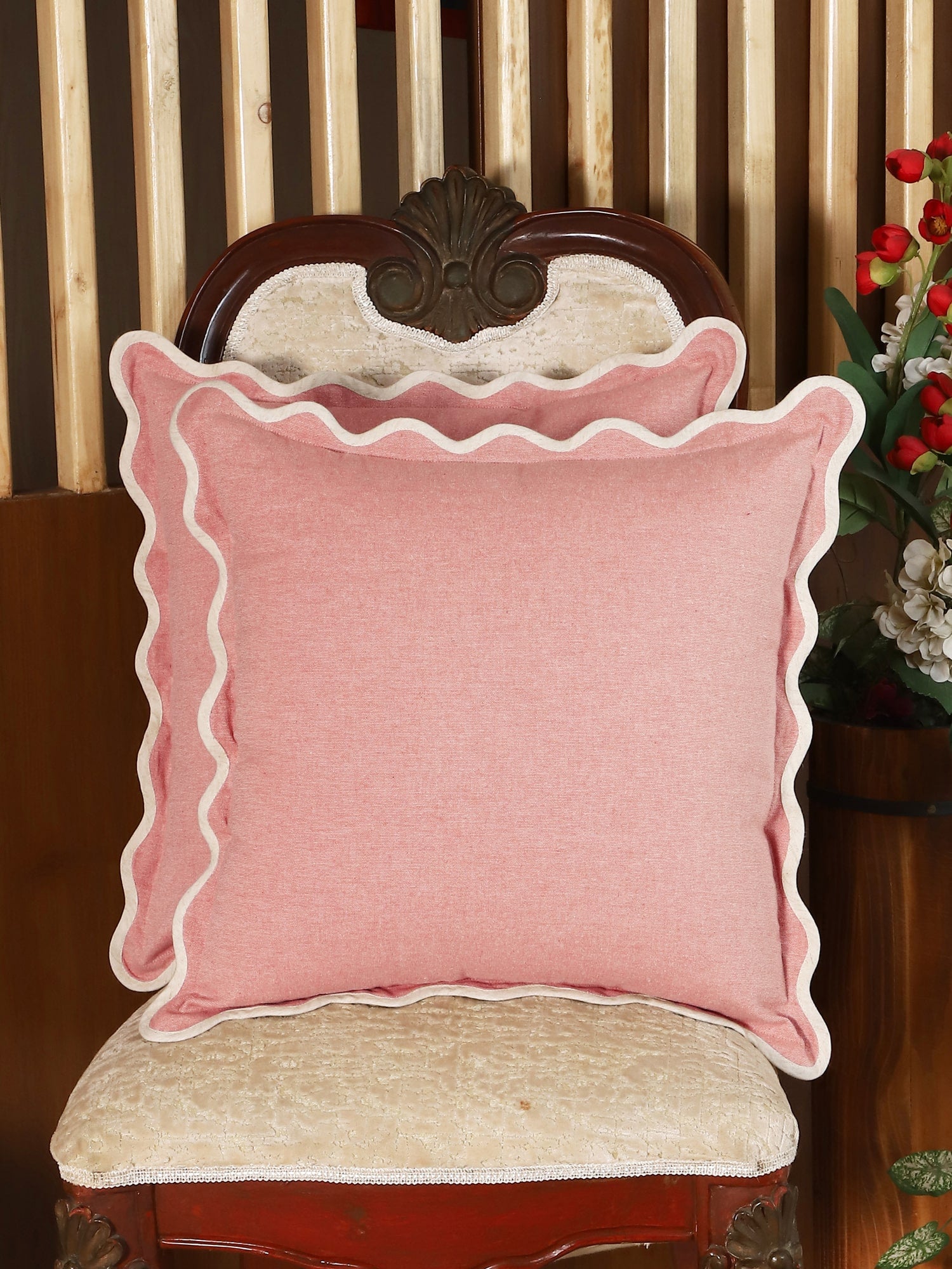 Self Flenge Cotton Cushion Covers Red Set of 2