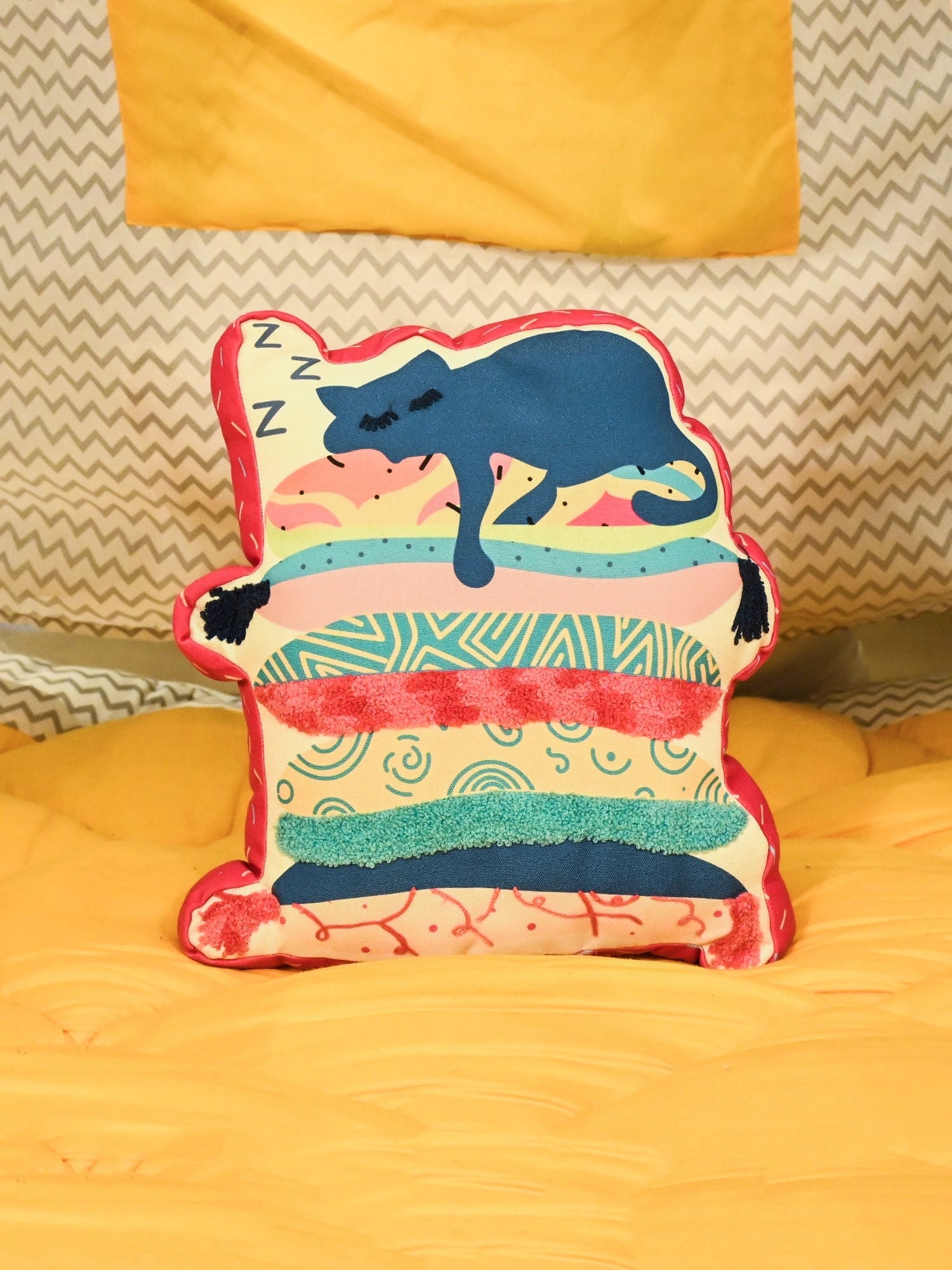 Sleeping Cat Printed Shape Cushion for Kids