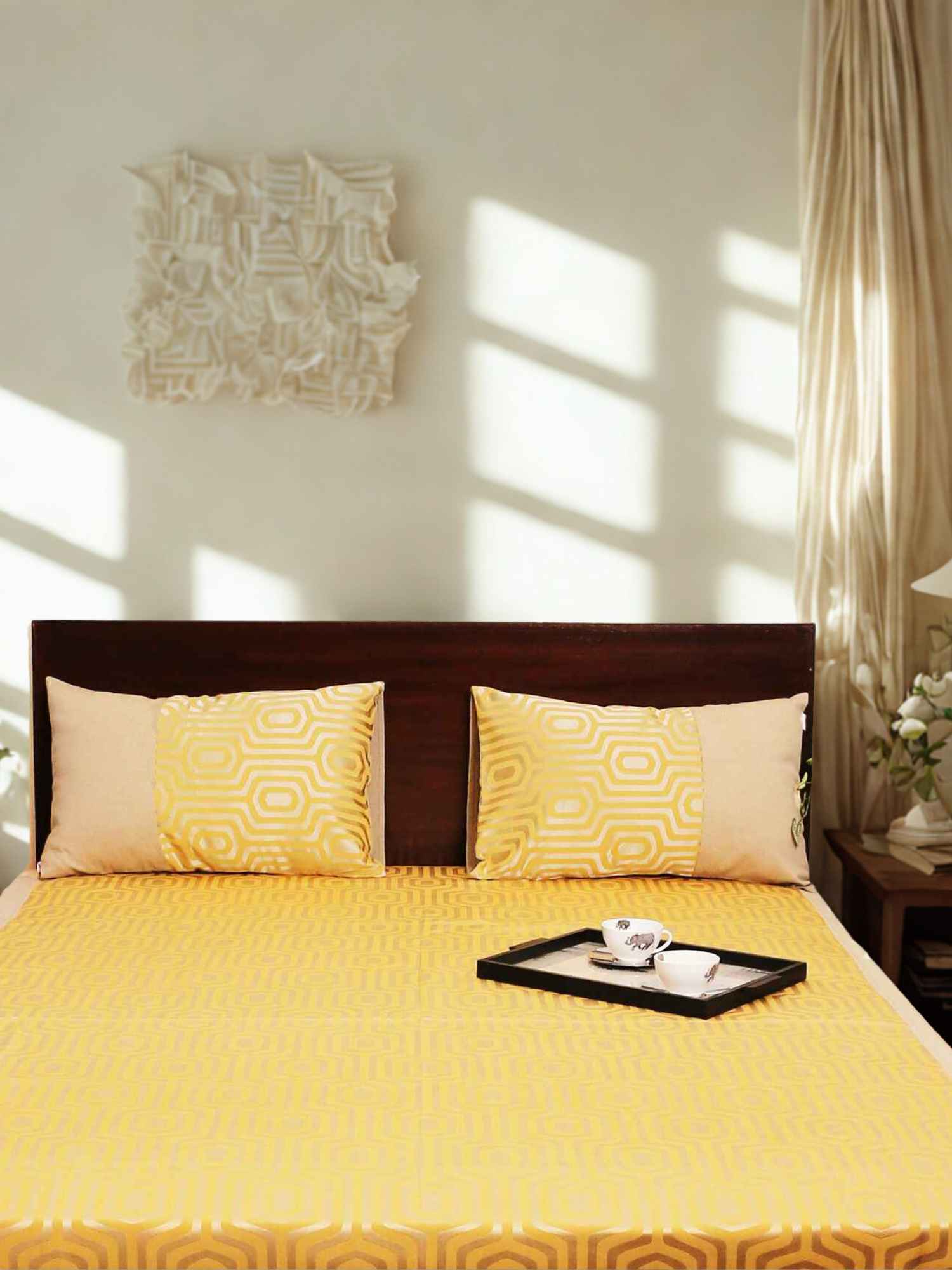 Yellow Hexa Jacquard Bed Cover Set with Matching Pillow Covers